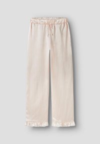 Pantalons de pyjama rose clair avec des rayures verticales blanches. Présentent une taille élastique avec cordon de serrage et des ourlets volantés aux poignets.