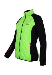 Veste matelassée verte et noire avec fermeture éclair, col montant et poignets élastiques. Le matériau est un mélange de textures rembourrées et douces.