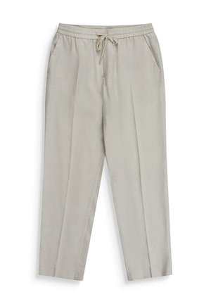 Beige casual pants with elastic waistband, drawstring tie, side pockets, and straight leg cut.