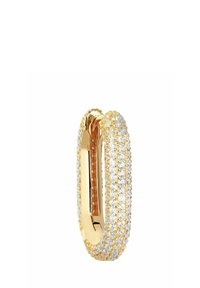 Guldörhänge med vita kristallsmycken, cylindrisk form, texturerad yta och ett säkert spänne högst upp.