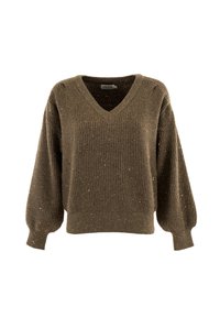 Maglione a maglia marrone con scollo a V, texture a coste e maniche a palloncino. Accentuato con filo metallico dorato per un tocco di dettaglio in più.