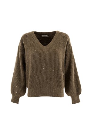 Suéter de punto marrón con escote en V, textura acanalada y mangas abullonadas. Acentuado con hilo metálico dorado para un detalle adicional.