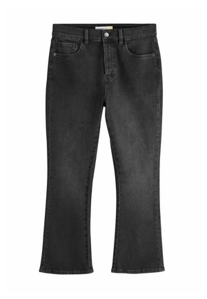 Black denim jeans with a straight-leg cut, five pockets, button closure, and belt loops, shown flat on a white background.