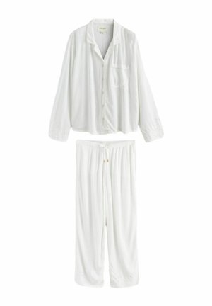 Weißes, langärmeliges, knöpfbares Pyjamaoberteil mit Kragen und Brusttasche, kombiniert mit passenden, weitem Bein und Kordelzug-Hose.