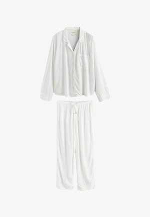White long-sleeve button-up pajama top with collar and chest pocket, paired with matching wide-leg drawstring pants.