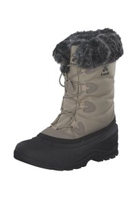 Beige isolierter Schneestiefel mit Kunstfellkragen, schwarzer Gummisohle, Schnürsystem und gestepptem Nylon-Obermaterial für Wärme und Langlebigkeit.
