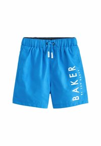 Pantaloni da bagno blu con cintura elastica, cordoncino interno e testo stampato bianco sul lato sinistro. Tessuto leggero e morbido.