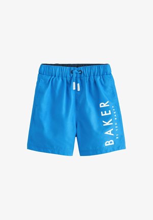 Pantaloni da bagno blu con cintura elastica, cordoncino interno e testo stampato bianco sul lato sinistro. Tessuto leggero e morbido.