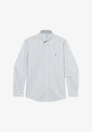 Heren overhemd met lange mouwen en verticale pastelstrepen in blauw, roze en groen, met een klein geborduurd logo op de borst.