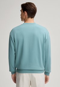 Felpa azzurra chiara con maniche lunghe, colletto e polsini a coste, texture morbida e vestibilità comoda, indossata sopra pantaloni bianchi.