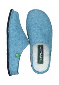 Blue felt slippers with a soft inner lining, featuring a black sole and green logo tag. Simple, open-back design with rounded toe.