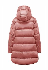 Giacca a vento rosa con cappuccio. Design trapuntato con baffle orizzontali, texture liscia e orlo leggermente curvo nella parte inferiore.