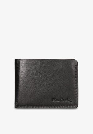 Black leather wallet featuring a textured surface, rectangular shape, and subtle stitching. Embossed logo on the front bottom right corner.