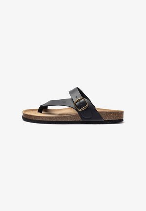 Schwarze Lederflip-Flop-Sandale mit verstellbarem Schnallenverschluss, Korkfußbett und strukturiertem Gummisohle, die ein minimalistisches Design und Funktionalität bietet.