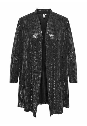 Zwarte pailletten cardigan met lange mouwen, open ontwerp, textuur op het oppervlak, glinsterende pailletten gerangschikt in verticale lijnen.