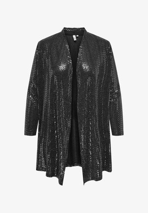 Crni kardigan s šljokicama, dugih rukava, otvorenog prednjeg dijela, teksturirane površine, sjajne šljokice raspoređene u vertikalnim linijama.