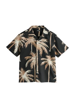 Czarna koszula na krótkie rękawy z beżowym i jasnobrązowym nadrukiem palm oraz kołnierzem wykładanym.