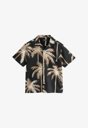 Camisa negra de manga corta con botones, estampado de palmeras en beige y marrón claro, y cuello abierto.