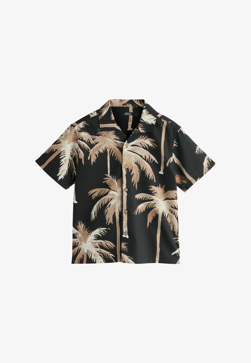 Chemise noire à manches courtes boutonnée avec imprimé de palmiers beige et marron clair et col évasé.