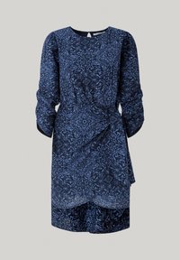 Navy blue dress with a floral pattern and subtle texture. Features long sleeves and a wrapped design, with a keyhole detail at the back.
