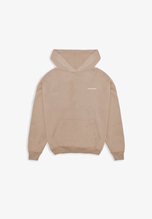 Beigefarbener Kapuzenpullover mit Kängurutasche vorne und kleinem weißem "PEGADOR"-Logo auf der linken Brust.