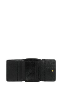 Czarny skórzany portfel z teksturowanym wykończeniem, wieloma slotami na karty, zamykaną na zamek kieszenią oraz zapięciem na zatrzask.
