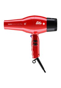 Asciugacapelli rosso con un design elegante, dotato di un beccuccio nero e impugnatura testurizzata. Include due impostazioni di velocità e un gancio per appenderlo.