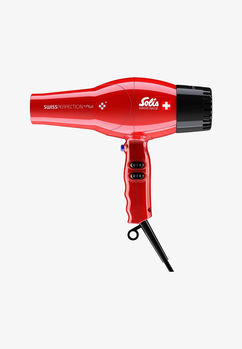 Asciugacapelli rosso con un design elegante, dotato di un beccuccio nero e impugnatura testurizzata. Include due impostazioni di velocità e un gancio per appenderlo.
