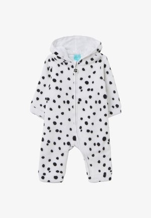 Witte fleecedons met zwarte stippen, lange mouwen, een capuchon en een frontale rits met een pootafdruk trekstang. Zachte textuur.
