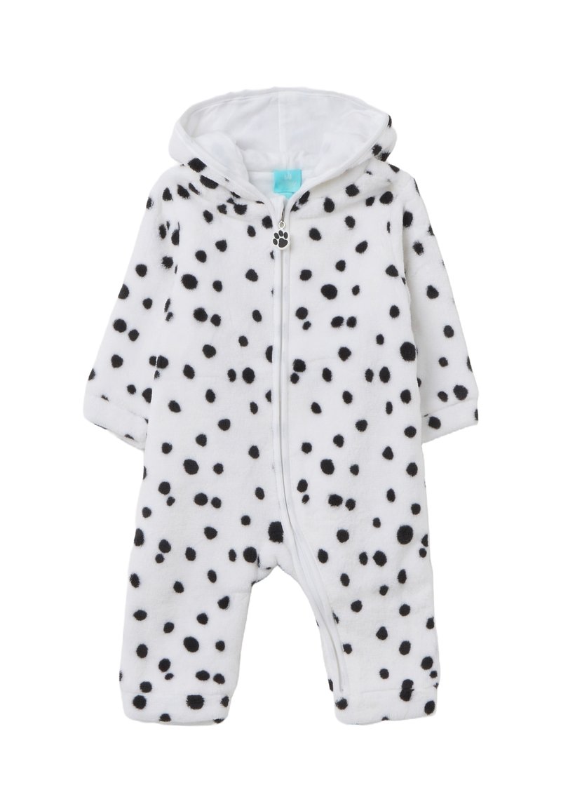 Weißer Fleece-Einteiler mit schwarzen Polka Dots, langen Ärmeln, Kapuze und einem Reißverschluss auf der Vorderseite, der einen Pfotenabdruck als Zugrahmen hat. Weiche Textur.