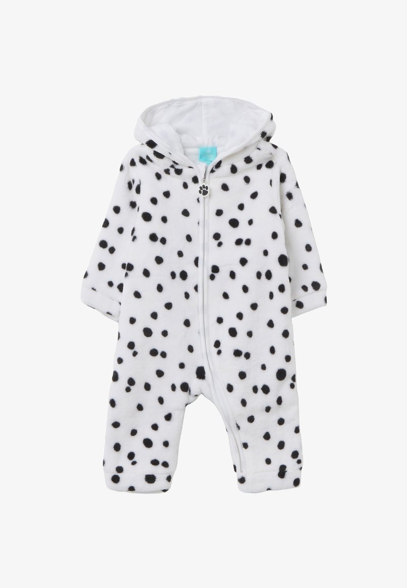Weißer Fleece-Einteiler mit schwarzen Polka Dots, langen Ärmeln, Kapuze und einem Reißverschluss auf der Vorderseite, der einen Pfotenabdruck als Zugrahmen hat. Weiche Textur.