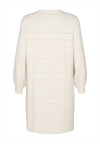 Maglione lavorato a maglia di un beige chiaro con una vestibilità ampia, caratterizzato da sottili strisce orizzontali e dettagli di traforatura. Le finiture a coste sui polsini e sull'orlo aggiungono texture.