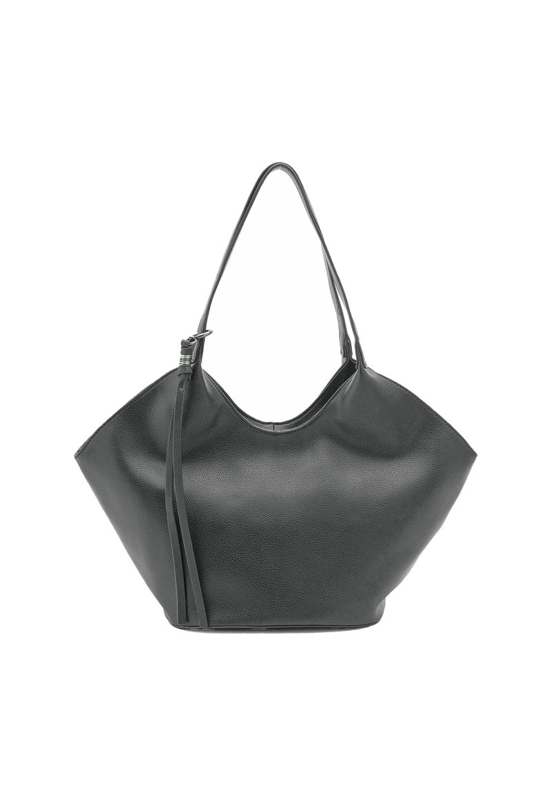 Zwarte leren tote bag met een slungelige ontwerp, lange schouderband en een gladde textuur. Beschikt over een minimalistische vorm en geen zichtbare bevestigingsmaterialen.