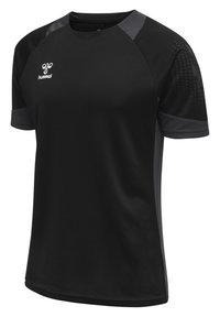 Zwarte sporttrui van gaasstof, korte raglanmouwen en grijze accenten op de schouders. Bevat een logo op de borst.
