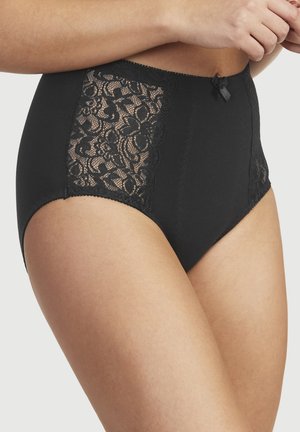 Black high-waisted brief with lace side panels, smooth fabric, scalloped edges, and a small satin bow at the front center.