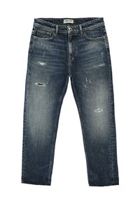 Denim jeans, middelblauwe wassing, met verontrustende details en zichtbare stiksels. Vijfzakkenontwerp met een traditionele knoopsluiting.