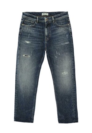 Denim jeans, middelblauwe wassing, met verontrustende details en zichtbare stiksels. Vijfzakkenontwerp met een traditionele knoopsluiting.