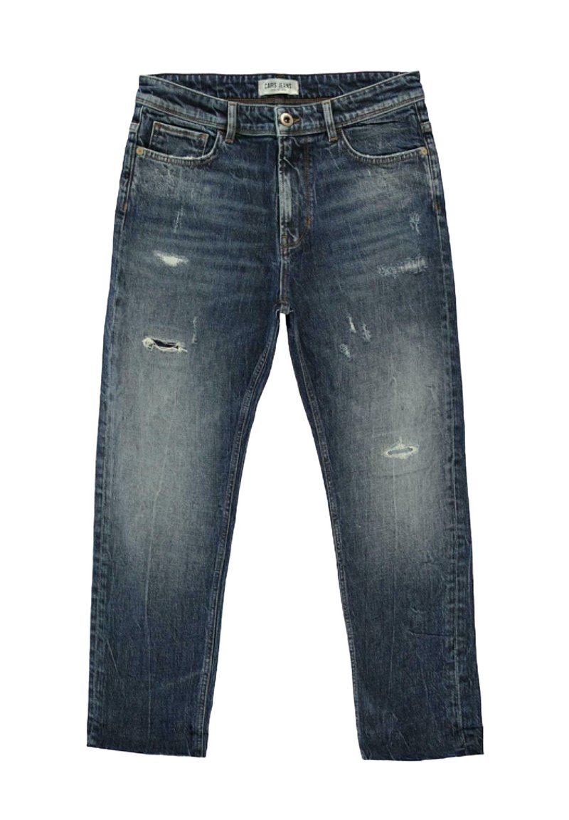 Denim jeans, middelblauwe wassing, met verontrustende details en zichtbare stiksels. Vijfzakkenontwerp met een traditionele knoopsluiting.