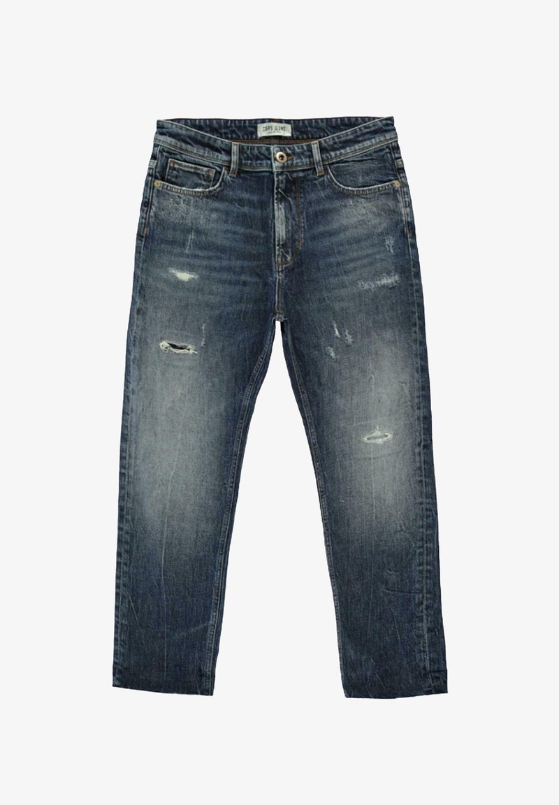 Denim jeans, middelblauwe wassing, met verontrustende details en zichtbare stiksels. Vijfzakkenontwerp met een traditionele knoopsluiting.