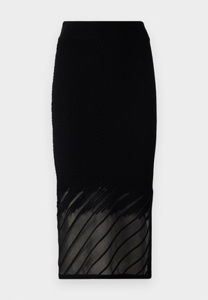 Black skirt with a ribbed texture, featuring a sheer bottom with horizontal stripes. The design is fitted, extending to mid-calf length.