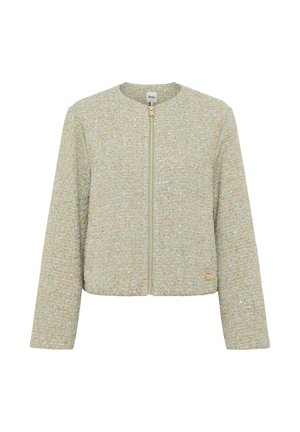 Lichtgroen wollen jasje met volledige ritssluiting aan de voorkant, ronde halslijn, lange mouwen en subtiele metallic draadjes door de stof.