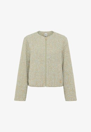 Lichtgroen wollen jasje met volledige ritssluiting aan de voorkant, ronde halslijn, lange mouwen en subtiele metallic draadjes door de stof.