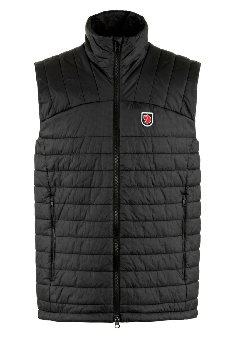 Zwarte puffer vest met hoge kraag, horizontaal gestikte ontwerp, twee ritszakken aan de zijkant en een logo-opdruk op de linkerborst.