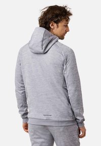 Grauer Hoodie mit matter Struktur, ausgestattet mit einer Kapuze mit Kordelzug, gerippten Bündchen und einem Logo am Saum. Die Rückansicht zeigt das Design und die Passform.