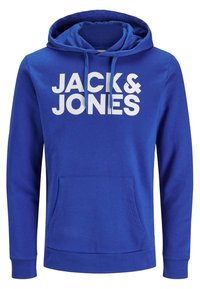Felpa blu con tasca frontale e cordini, con grande testo bianco "JACK & JONES" sul petto.