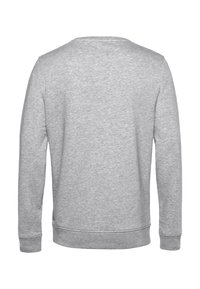 Šedá mikina vyrobená z měkkého materiálu, s dlouhými rukávy, kulatým výstřihem a žebrovanými manžetami a lemem. Hladký, nezdobený povrch.