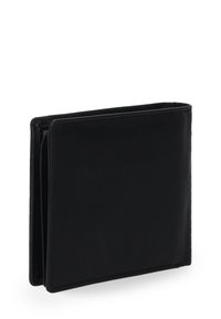 Černá kožená peněženka s minimalistickým designem, hladkým povrchem, obdélníkovým tvarem a viditelným prošíváním podél okrajů.