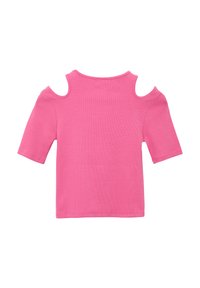 Różowa koszula z krótkim rękawem z wyciętymi ramionami, prążkowaną fakturą i dopasowanym krojem. Widok z tyłu ukazuje czyste, proste linie.