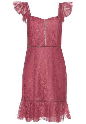 Sleeveless dusty rose lace dress with ruffled cap sleeves, keyhole neckline, fitted waist, and flared lace hem.