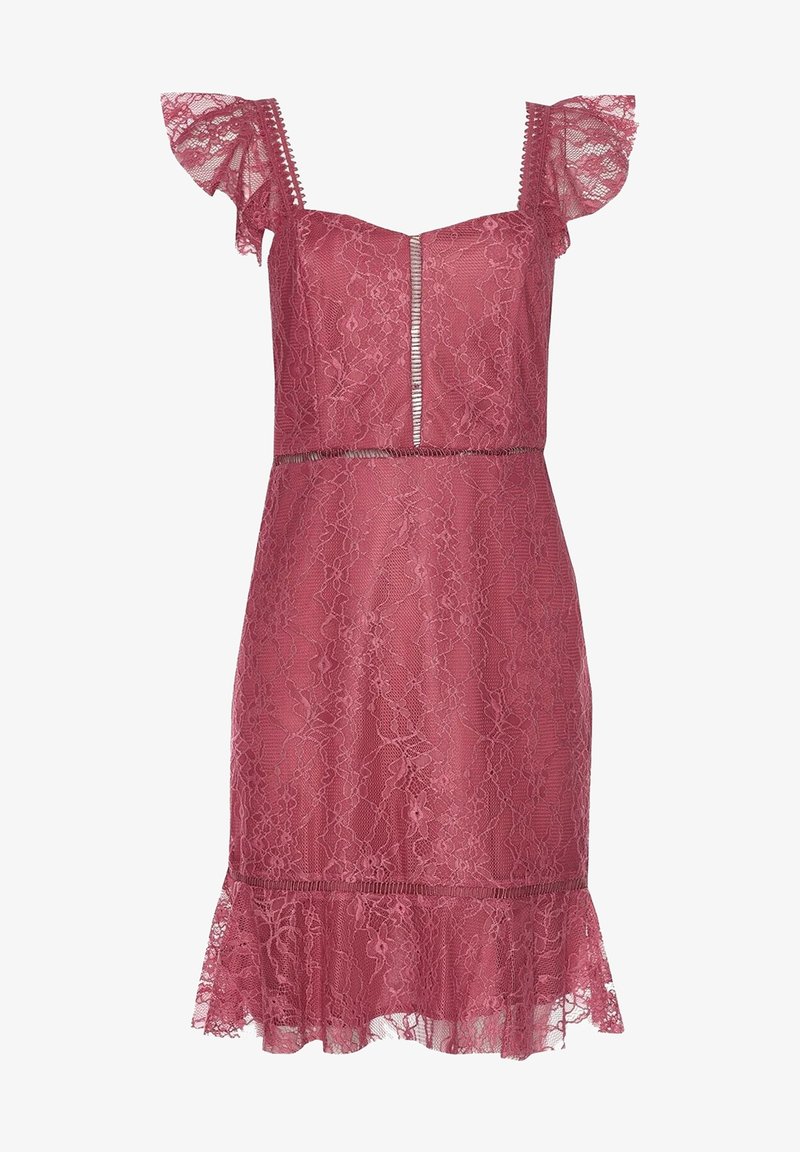 Robe sans manches en dentelle rose poussiéreuse avec manches courtes volantées, encolure en trou de serrure, taille cintrée et ourlet en dentelle évasé.